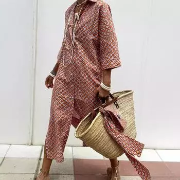 Women s Autumn Five-quarter Sleeve Striped Side-slit Shirt Dress S красный