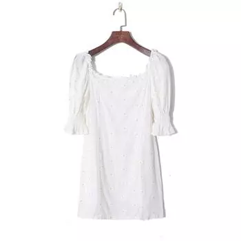 Women s Autumn K-style Fresh Fit Youthful-Looking Dress White yellow dot S