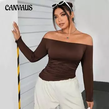Women s Autumn Line Neck Off The Shoulder Sexy Solid Color Long Sleeved Top 1XL кофейный