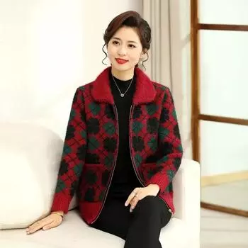 Women s Autumn Loose Lapel Knitted Top Middle-aged and Elderly Zippered Cardigan 4XL