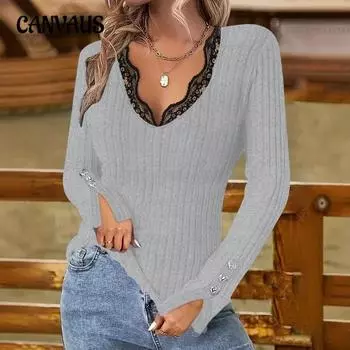 Women s Autumn New Blouse V-neck Lace Button Solid Colour Slim Fashion Long-sleeved S серый