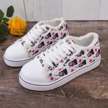 Women s Autumn New Fashion Flat Single Shoes Round Head Cloth Printed Lace-up Soft Sole Non-slip Comfortable Canvas Shoes 36