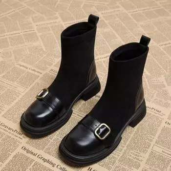 Women s Autumn New Fashion Metal Buckle Designer Thick Bottom Non-slip Stretch Boots 2025 Outdoor Warm and Comfortable Boots 35