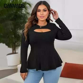 Women s Autumn Round Neck Elegant Slim Solid Color Waist Long Sleeve Top 1XL чёрный