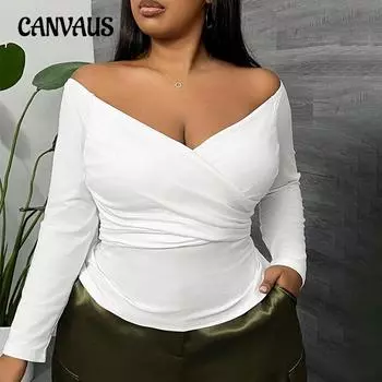 Women s Autumn Simple Sexy V Neck Slim Slim Short Long Sleeved Top 1XL белый