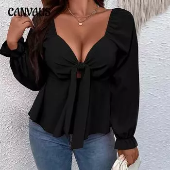 Women s Autumn Small Fragrance V Neck Design Sense Slim Lantern Sleeve Top 1XL чёрный