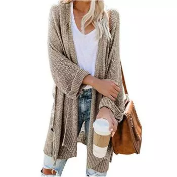 Women s Autumn Solid Color Medium-length Knitted Jacket Temperament Elegant Loose Sweater 2XL