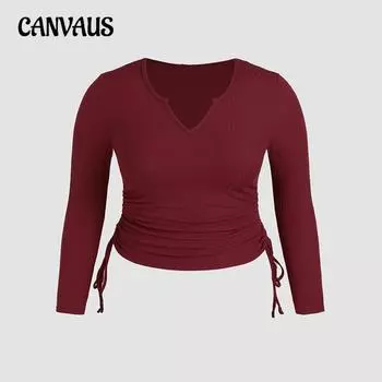 Women s Autumn V Neck Drawstring Slimming Slim Short with A Base Long Sleeved Top 1XL бордовый