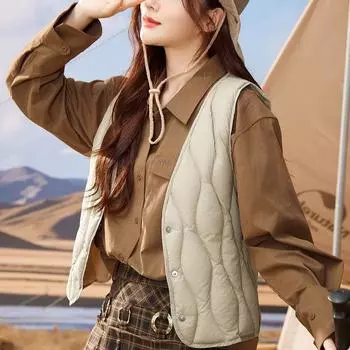 Women s Autumn Winter Down Vest Outer Wear Lightweight Feather Velvet Warm Waistcoat Slim Fit Short Style V Neck Gilet S