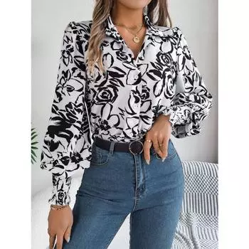 Женская рубашка осень/зима с элегантным цветочным узором и рукавами-фонариками на лацканах S белый