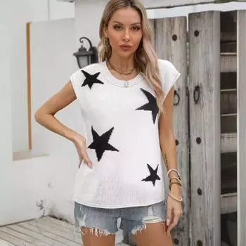 Женский свитер без рукавов с круглым вырезом и принтом пятиконечной звезды, повседневный жаккардовый свитер на осень/зиму S белый