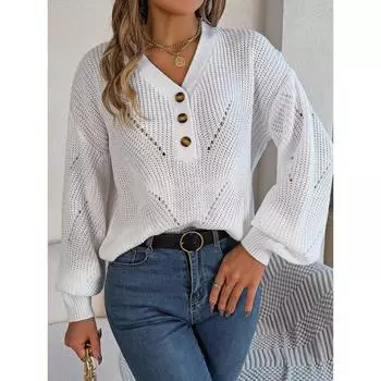 Женский свитер-пуловер с V-образным вырезом, пуговицами и рукавами-фонариками, осенне-зимняя модель S белый