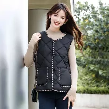 Women s Autumn Winter Lightweight Down Lunch Break Jacket Fashionable Warm Short Style Crew Neck Tweed Vibe Vest Waistcoat Thickened 3XL