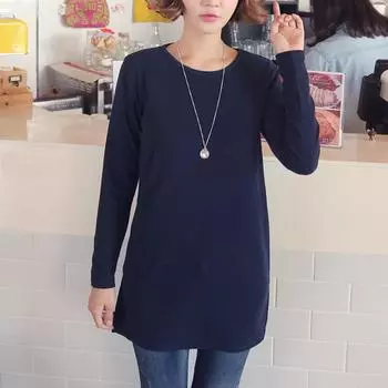 Women s Autumn/Winter Loose Long-Sleeved Cotton Base Shirt Dark blue(Long sleeves) M