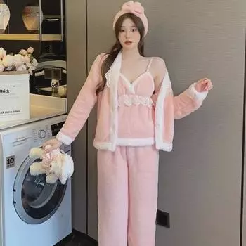 Women s Autumn/Winter Pajama Set with Flannel Robe, Suspenders, Trousers, and Matching Headband Small