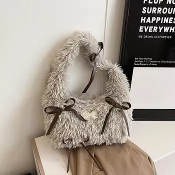 Women s Autumn/Winter Plush Curly Soymilk Messenger Bag - Handwoven, Cute Shoulder Bag 35x10x27 серый