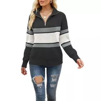 Женский свитер с длинными рукавами и застежкой-молнией на лацканах, осенне-зимний, в полоску, с цветными блоками S серый