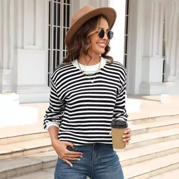Женский осенне-зимний полосатый трикотажный топ с длинными рукавами S чёрный