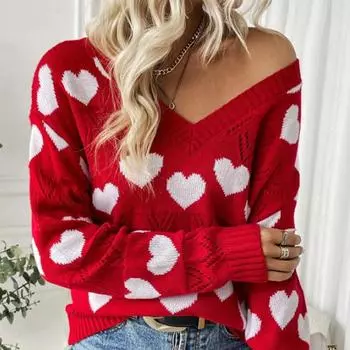 Женский осенне-зимний свитер с V-образным вырезом, вязаный свитер Love Jacquard S красный
