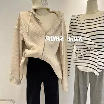 Women s Autumn/Winter Waffle Hooded Sweatshirt - New Loose Fit Slim Zipper Cardigan Jacket L чёрный
