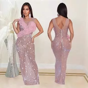 Women s Backless Printed Round-neck Dress S розовый