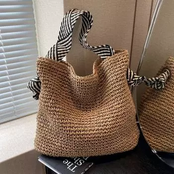 Women s Bag Idle Style Shoulder Work Clothing Straw Woven Bag Khaki one-shoulder style