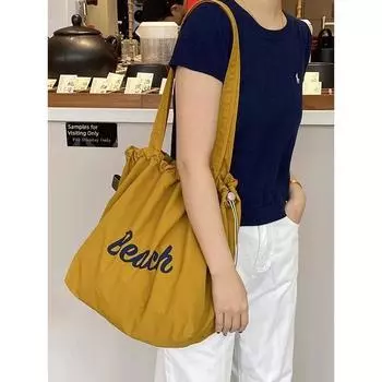 Women s Bag K-style New Arrival Letters Print Nylon Shoulder Bag Casual Easiest for Match Portable Drawstring Large Capacity Totes Turmeric Single Layer Original