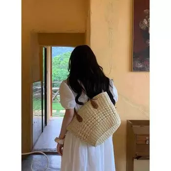 Women s Bag Niche Style Casual Student Shoulder Straw Bag Beige White