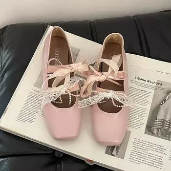Women s Ballet Shoes Elegant Lace Bow Mary Jane Single Shoes Beautiful Summer Fashion Pearl 35