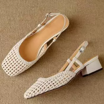 Women s Baotou Sandals Summer Square Head Shallow Hollow Breathable One Line Buckle Sole Heel Shoes 39EU/CN40 чёрный