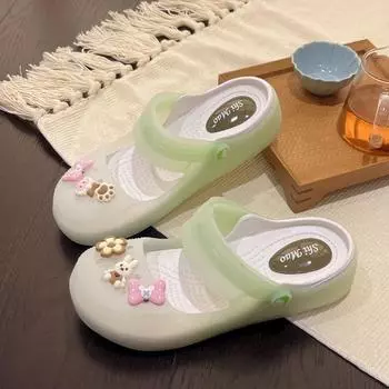 Women s Baotou Slippers Summer New Round Head Hollow Breathable Cartoon Decoration Transparent Non-slip Beach Shoes 35 грязно-белый