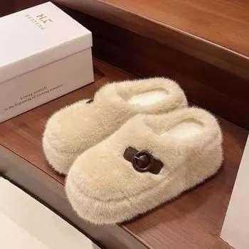 Women s Baotou Slippers Winter New Square Head Deep Mouth Thick Sole Anti-slip Wear-resistant Plush Shoes 35 бежевый