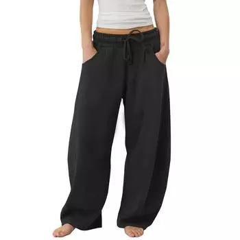 Women s Barrel Leg Sweatpant Drawstring Elastic Waisted Wide Leg Pants Casual Cotton Palazzo Trousers With Pockets L