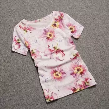 Women s Base Shirt Summer Print Silm Half Sleeve Voile Pink(Short Sleeve) S