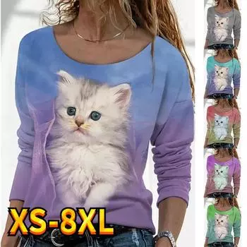 Women s Basic Print Cat Casual Round Neck Long Sleeve Color Block Casual Daily Weekend Painting T shirt Tee XS-8XL XS
