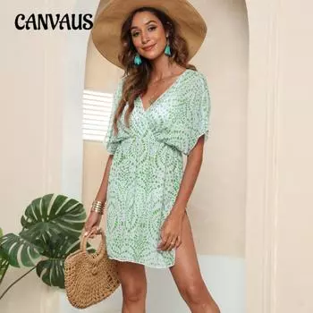 Women s Beach Beach Holiday Polka Dot Print Irregular Single Split Deep V Dress S синий