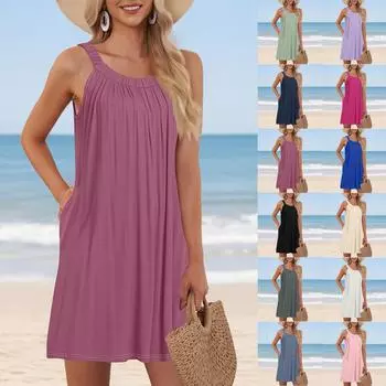 Women s Beach Vest Casual Summer With Pocket Straps Solid Color Dress S синий