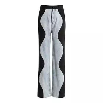 Женские прямые широкие брюки из денима с черно-синим волнистым узором L
