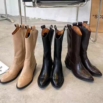 Women s Black Denim Retro Women s Working Oxford Shoes Women s Retro Casual Women s Western Mid-calf Boots PU Leather Boots 35 хаки