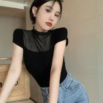 Women s Black Mesh Lace Stitch Short-Sleeve T-Shirt - Summer Slim Fit Fashion Extra Large чёрный