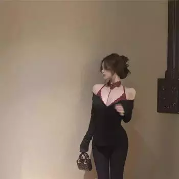 Women s Black One-Shoulder Long-Sleeve Lace Top with Tight Waist - Spring Pure Desire Style L