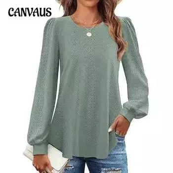 Женская блузка с круглым вырезом и небольшими люверсами, рукавами-фонариками, длинными рукавами S чёрный