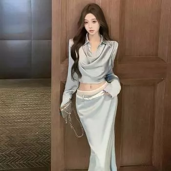 Women s Blue Spice Girl Slim Top Patchwork Dress Set S