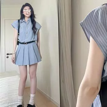 Women s Blue Striped Shirt Dress - Summer 2024 College Style with Pleated Waist Skirt 2XL