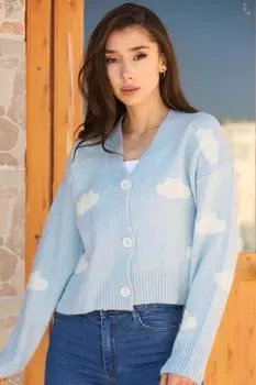 Women s Blut Patterned V-Neck Short Buttoned Cardigan