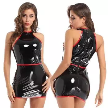 Women s Bodysuit Halter Faux Leather Club Mini Dress Sleeveless Hot Latex Catsuit PVC Lingerie Dress S