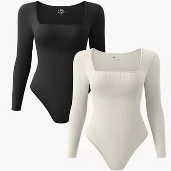 Women s Bodysuits Sexy Ribbed One Piece Square Neck Long Sleeve Bodysuits S чёрный