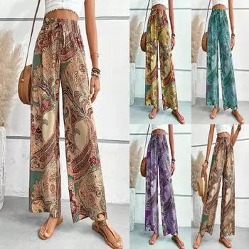 Women s Bohemian Paisley Print Wide - Leg Pants with Drawstring Waist Digital Floral Print Ethnic Style Elastic Waist Casual Loose Fit Long Pants S жёлтый