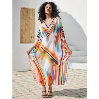 Женское платье-кафтан в стиле бохо, свободного кроя с абстрактным принтом и V-образным вырезом, большого размера One-size разноцветный