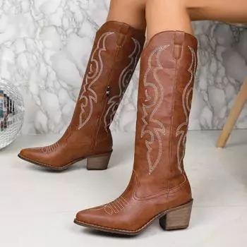 Женские ботинки 2024 года, модные новые вышитые белые ковбойские ботинки, фирменный дизайн, высокие ботинки на толстом каблуке, женские остроносые ботинки челси 36 чёрный